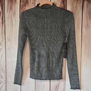 Almost Famous Silver Metallic Black Ribbed Mock Neck Sweater Size Large